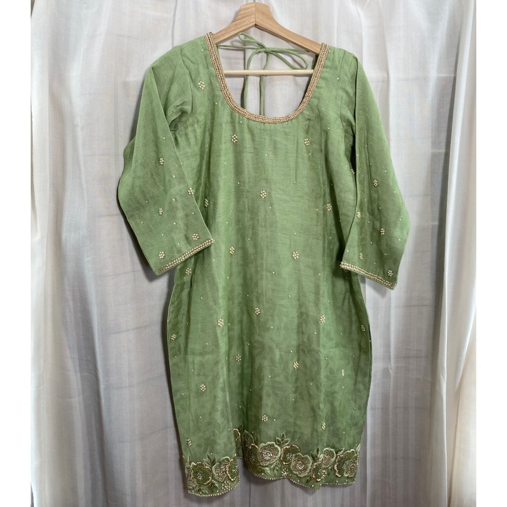 Green Embroidered Kurti Tunic Women's 3/4 Sleeve Square Neck Beaded Embellished‎